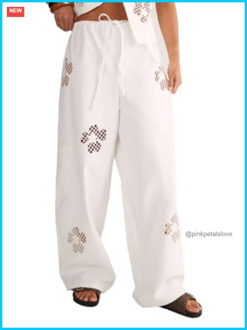Floral Cutwork Cargo Wide Leg Pants 100% Cotton Drawstring